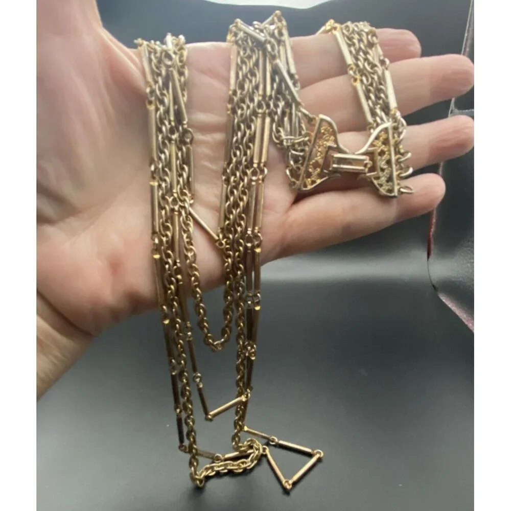 Vtg 50's-60's Chain Necklace Layered Bar Link Rope Yellow Gold Tone 5 Strand 31" - Picture 6 of 6